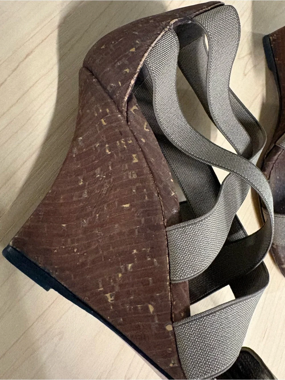 Manolo Blahnik Taupe Elastic Strappy Cork Wedge Heels